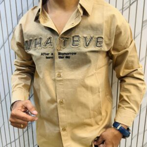 Stylish Beige Casual Shirt with Unique Embroidered Text Design
